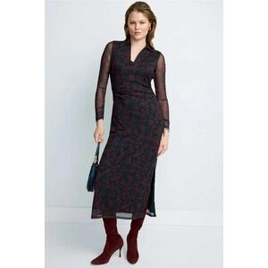 Madewell Mesh Floral Print Ruched Midi Dress Long Sleeve Collared Navy Red Sz L